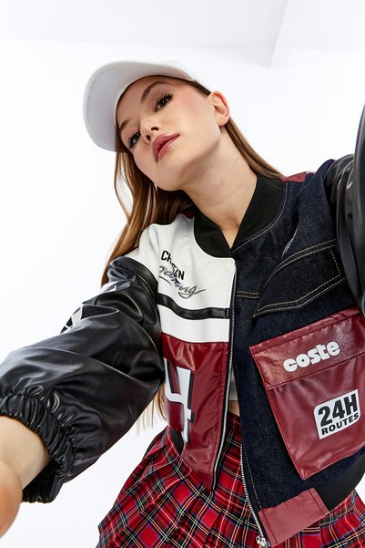 CHOS7N Women's Oversized Printed Denim and Leather Striped Casual Jacket with Pockets