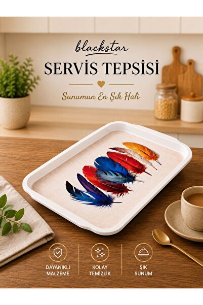 Blackstar Renkli Kuş Tüyü Desenli Orta Boy Servis Tepsisi