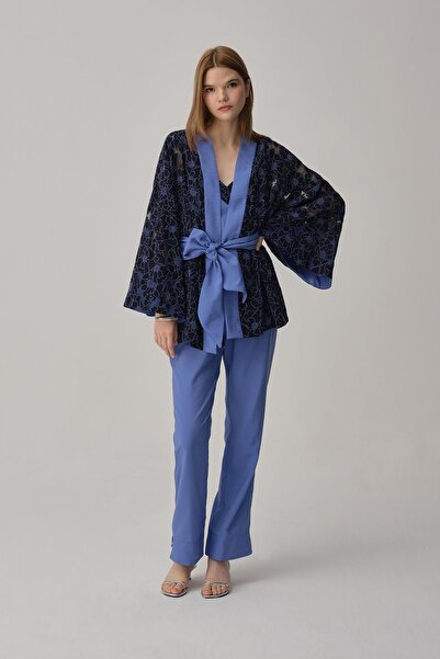Pierre Cardin Vegan İpek Kimonolu Kadın Pijama Takımı - LX.25231 Blue