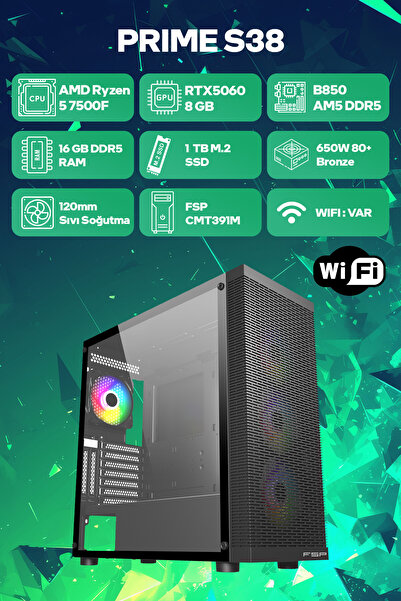 Game Garaj Prime S38 AMD Ryzen 5 7500F 16GB RAM 1TB SSD RTX5060 120mm Sıvı So...