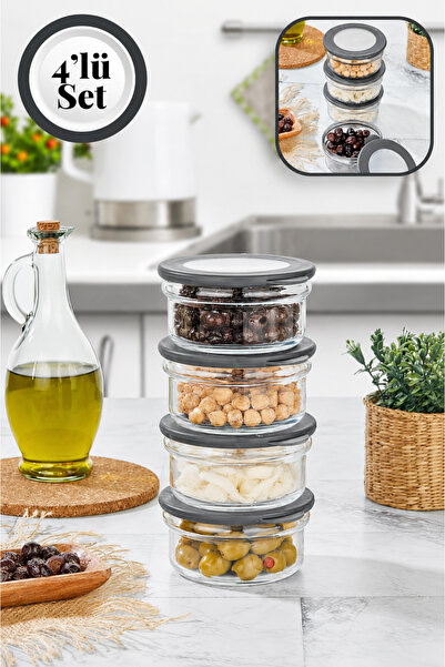 Stile Cucina 4 Adet Siyah Silikon Kapak Cam Inci Saklama Kabı 415 ml