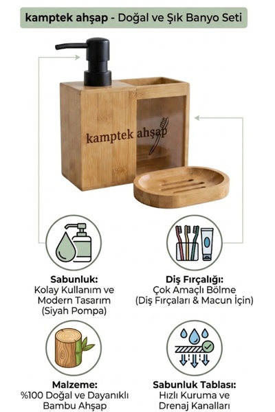 kamptek kamp teknolojisi Kamptek Wooden Bamboo Bathroom Organizer Set - Solid + Liquid Soap Dispenser and Toothbrush Holder Organizer