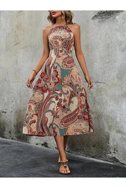 Generic Brand Women's Sleeveless Halter Neck Elastic Waist Digital Print Sing...