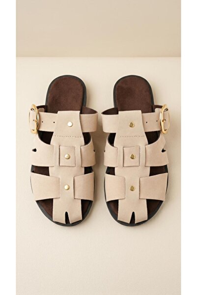 Beyond Women's Beige Studded Detailed Buckle Cage Model Suede Slippers 1.5cm ...