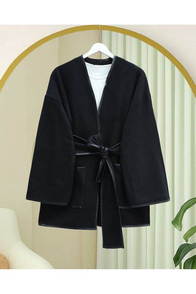 Genel Markalar Biye Detaylı Çift Cepli Kuşaklı Kimono