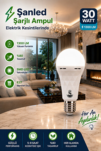ŞANLED Şarjlı Akülü 30w Beyaz Işık Led Ampul