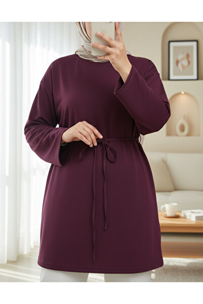 Modamorfo Round Neck Tie-Waist Combed Cotton Tunic - Plum