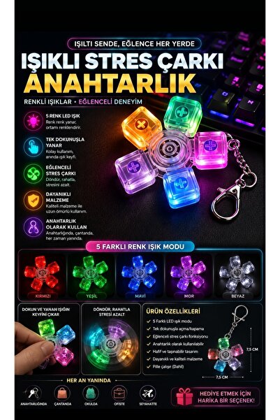 NEWSTORE HOME 5 Renk LED Işıklı Stres Çarkı KLAVYE Anahtarlık – Dönen RGB Işı...