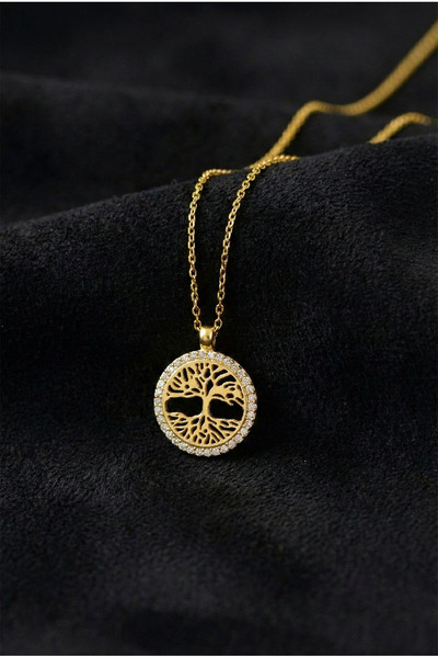 Roza Silver 925 Ayar Zirkon Taşlı Gold Yaşam Ağacı Gümüş Kolye