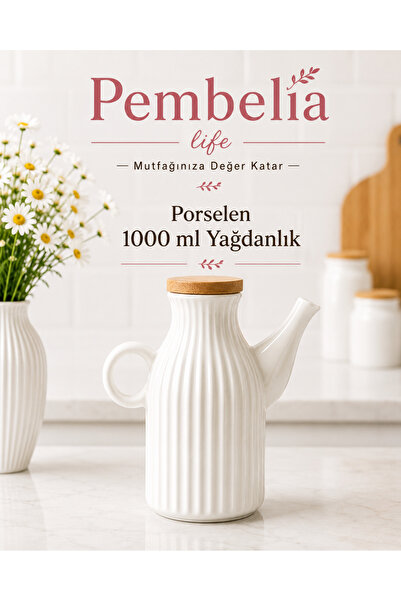 Pembelia Life Porselen 1000 Ml Bambu Kapaklı Çizgili Yağdanlık-yağlık