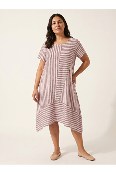 STORi Plus Size Striped Linen Dress Women's Summer Burgundy Asymmetrical