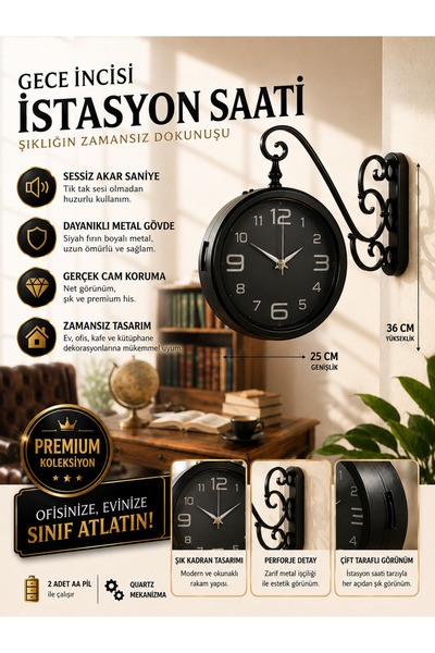 KOLAYEV Vintage Metal İstasyon Saati Çift Taraflı Sessiz Kafe Ofis Restoran D...