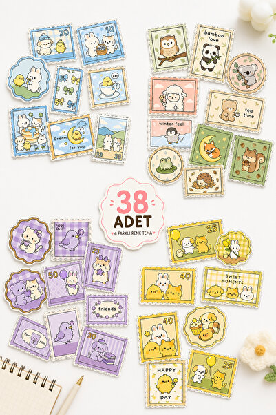 BieneGift 38 Adet Pastel Kawaii Sticker Seti Büyük Boy, 4 Renk Kawaii Etiket ...