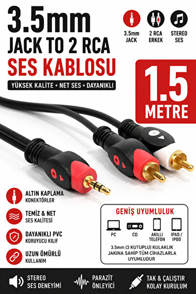 harry 1.5 Metre Stereo 3.5mm To 2 Rca Kablo Aux 5+1 Ses Sistemi - 1.5m
