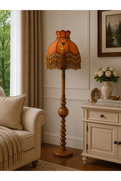 Dekovien Kiremit Renk Kadife Lambader Kahve Ahşap Ayak Vintage 50x170cm Lm013...