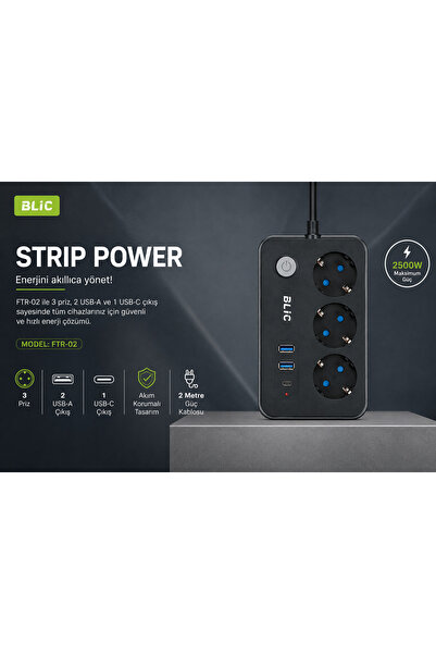 alpotekno Akım Korumalı 3’lü Priz 2 USB + Type-C 2 Metre Kablolu – Termal Kor...