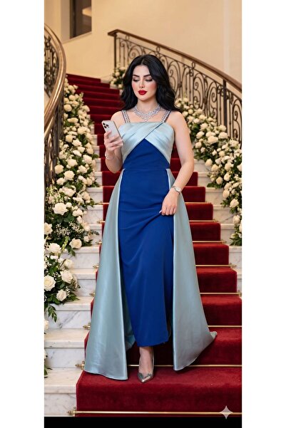 vela فستان أزرق فاخر بكاب ثنائي اللون