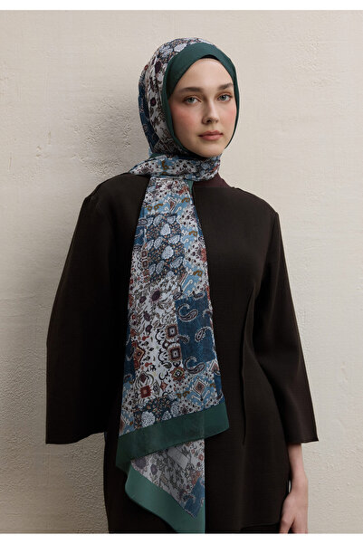 Freshscarfs Ethnıc Fıgure Desen İpek Krep Şal Petrol