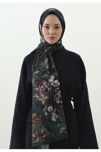 Freshscarfs Petrol Madeleıne Desenli Pamuk Viskon Şal