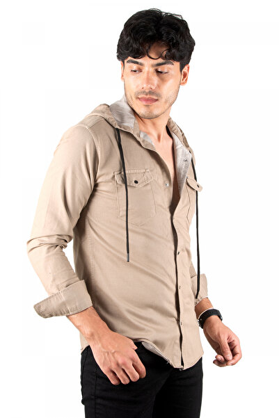 DeepSEA Bej Kapüşonlu Likralı Kot Gömlek – Slim Fit Çıt Çıt Kapamalı Erkek Gö...