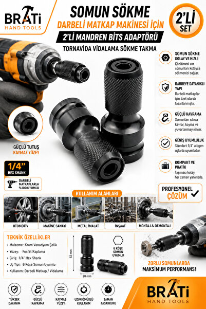 BRATİ HAND TOOLS Somun Sökme Darbeli Matkap Makinesi Için 2'li Mandren Bits A...