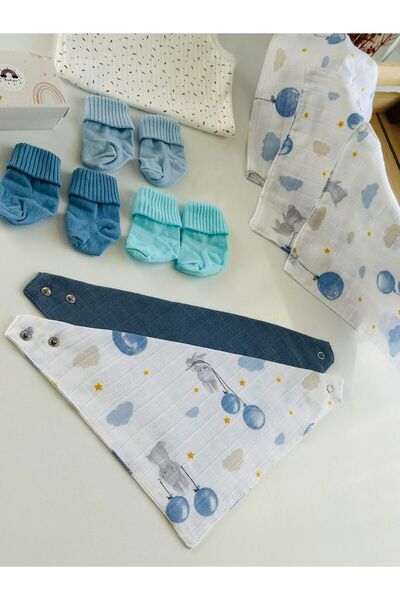 Fulya Tuhafiye Muslin & Bamboo Newborn Gift Set (Blanket, Handkerchief, Bib, Bodysuit, Socks)