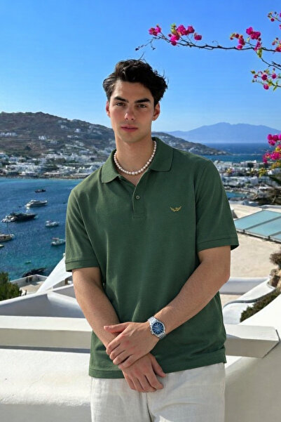 DAMGA JEANS Ανδρικό μπλουζάκι με κοντό μανίκι χακί με λαιμόκοψη πόλο, σε συσκ...