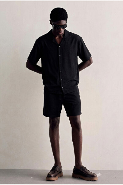 DAMGA JEANS Men's Summer Linen Shirt Elastic Waist Shorts Black Two-Piece Set