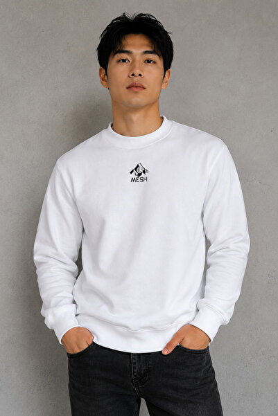 Erkek Beyaz Pamuklu Kışlık Bisiklet Yaka Premium Sweatshirt Nakışlı Yumuşacık Rahat Kesim