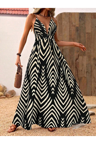 Butik Women's Rope Strap Deep-Cut Backless Cross-Tied Long Jersey Dress