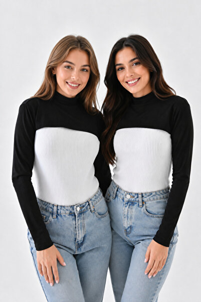 mirach 2’li Set Siyah Dik Yaka Boyunluklu Kolluk Penye Pamuk Bolero Crop Yarım Balıkçı Boyun Uzun Kol
