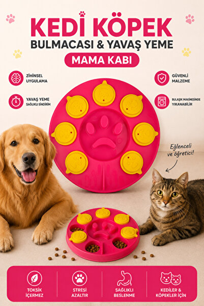 Glipet Kedi Köpek Bulmacası ve Yavaş Yeme Mama kabı Neonfuşya-Sarı