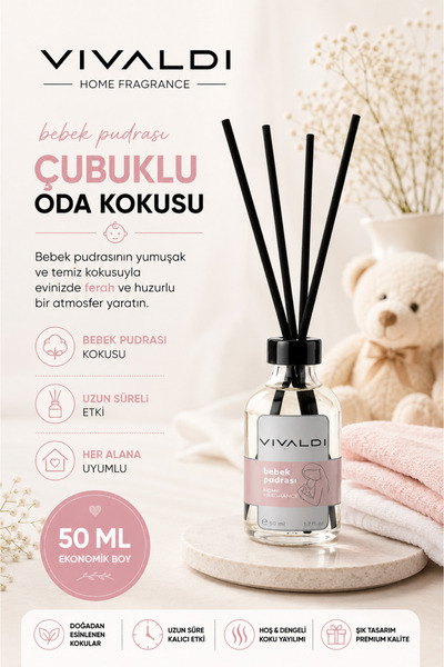 Vivaldi Home Bebek Pudrası Çubuklu Oda Kokusu 50 ml, Temiz ve Yumuşak Koku, K...