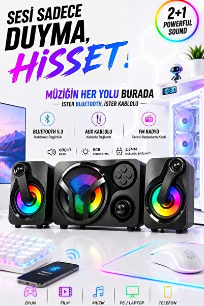 Zineets Rgb Işıklı Bluetooth Hoparlör 3.5mm Jack Kablolu Bilgisayar Hoparlörü...