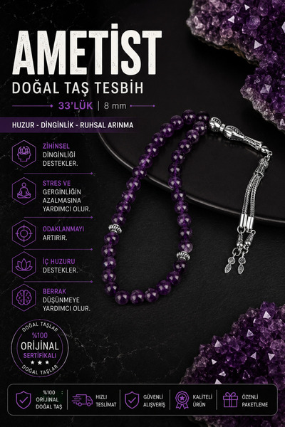 OSMANLI DOĞAL TAŞ Mărgele de rugăciune din piatră naturală ametist 33 buc - 8 mm