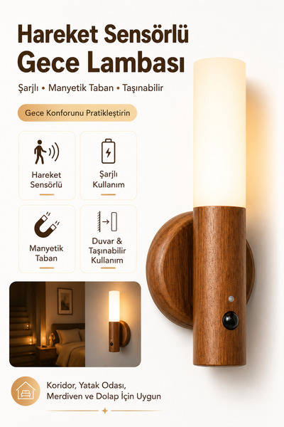 Ecuy Hareket Sensörlü Şarjlı Gece Lambası Duvar Aplik Led Işık Manyetik Taban...