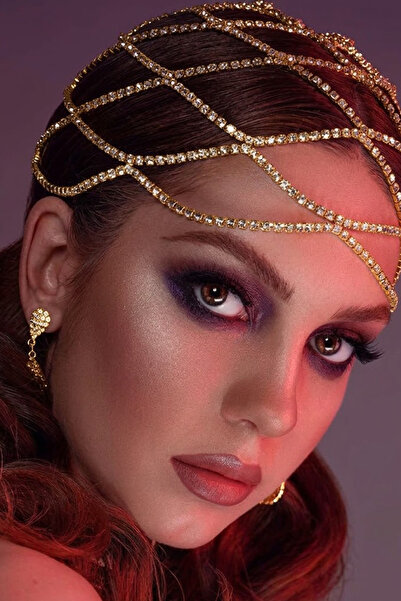 PERLMUTT Lanț de păr cu pietre aurii, accesoriu pentru cap cu henna pentru mi...