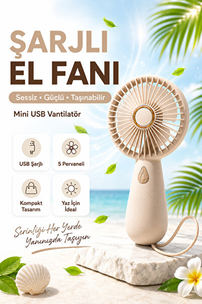 Ecuy Şarjlı Sessiz Güçlü El Fanı Mini Taşınabilir USB Vantilatör 5 Pervaneli Fan