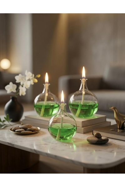 Shabbo Glass Ayaksız Drops Cam Kandil 3'lü Set + Kandil Yağı