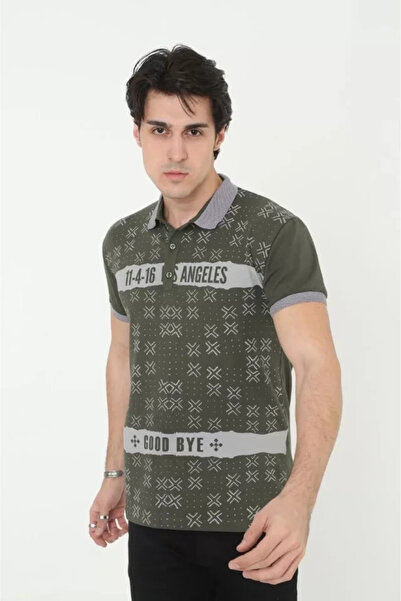 Generic Brand Ανδρικό μπλουζάκι με γιακά Slim Fit με στάμπα - Χακί