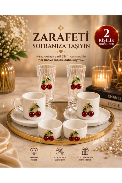 YzMarket 2 Kişilik Porselen Kiraz Fincan Takımı Seti ve 2 Adet Porselen Kiraz...