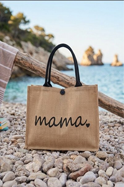 GNC DESİGN Prirodna ženska torba za plažu od jute sa uzorkom mama