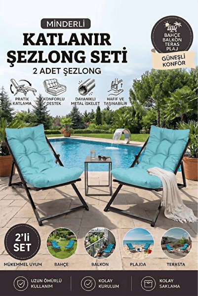MOONLİGHT 2'li Set Minderli Katlanır Şezlong | Tam Açılır Yatak Olan Balkon B...