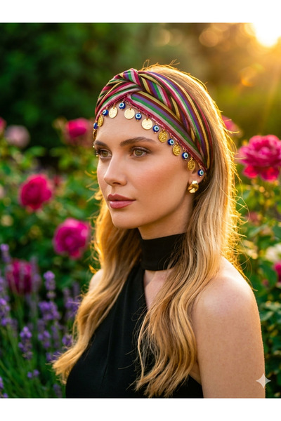 Black Sea Colorful Plenty of Evil Eye Beads and Lira Kesan, Scarf, Shawl, Scarf, Headband, Bandana