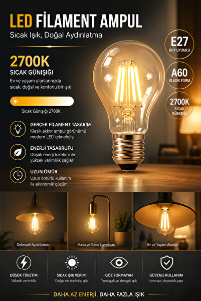 VENON LED FILAMENT GÜNIŞIĞI AMPUL E-27 6 WATT 2700K A-60 Led Ampul Salon