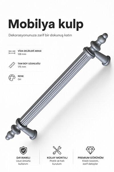 NZB Çekmece Banyo Mutfak Dolap Kapak Kulpu Kulbu 128 Mm Gri Sert Plastik Kulp