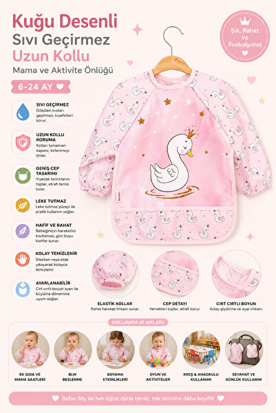 DYZSTAR Swan Patterned Long Sleeve Liquid-Proof Baby Food and Activity Bib 6-...