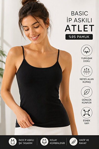 macsoo Tricou de bază din bumbac pentru femei, negru, cu bretele din șnur