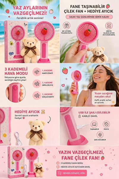 FANE Taşınabilir Mini Fan – Peluş Ayıcık Hediyeli –Telefon Standlı Masaüstü Fan