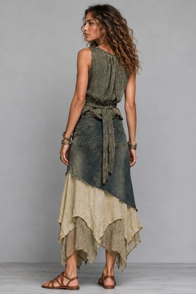 Boutique Juji ASİMETRİK DETAYLI BOHEM TASARİM VINTAGE DENİM ETEK